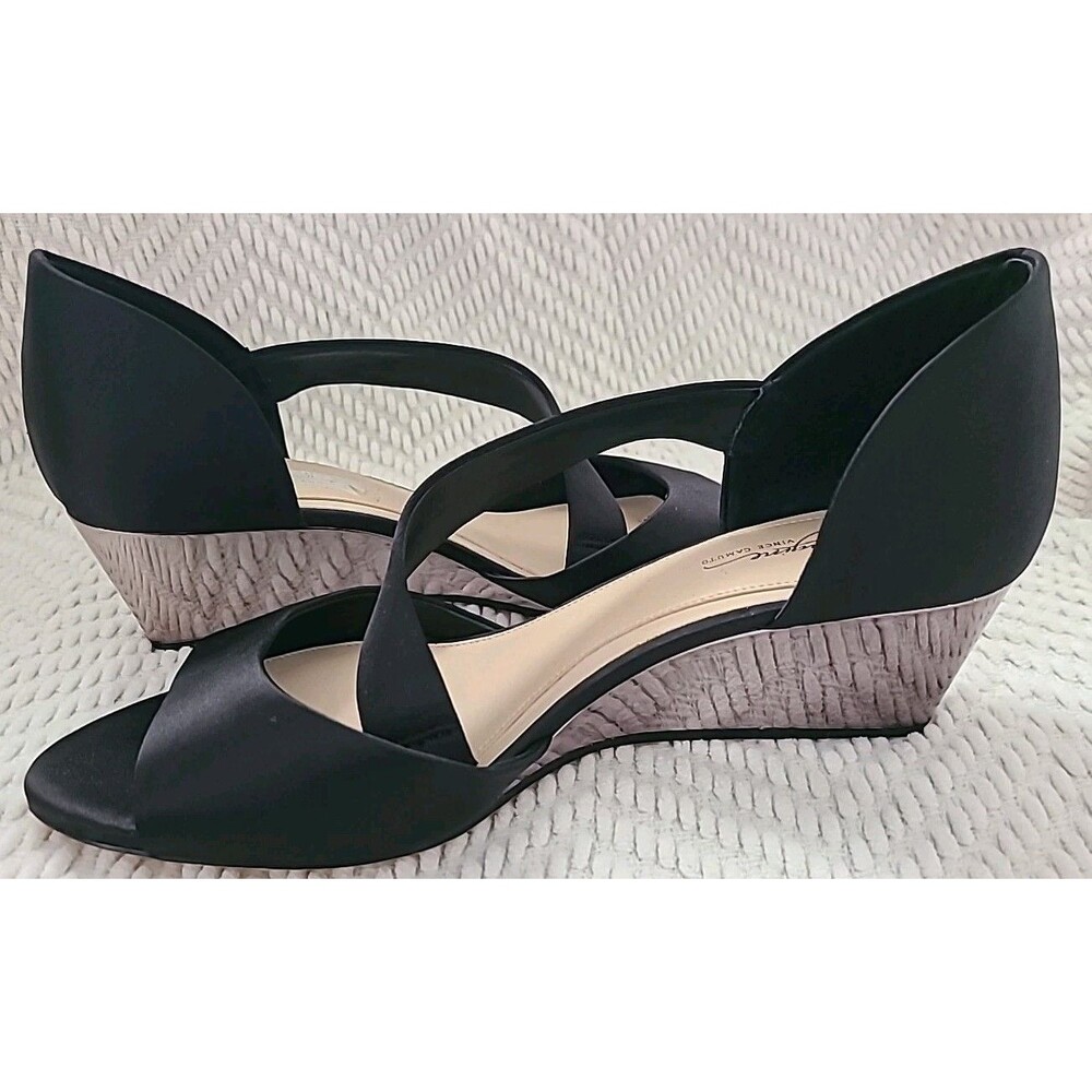 NWOB Imagine by Vince Camuto Jefre Black Satin Crossover Wedge Sandals  Sz 9/39